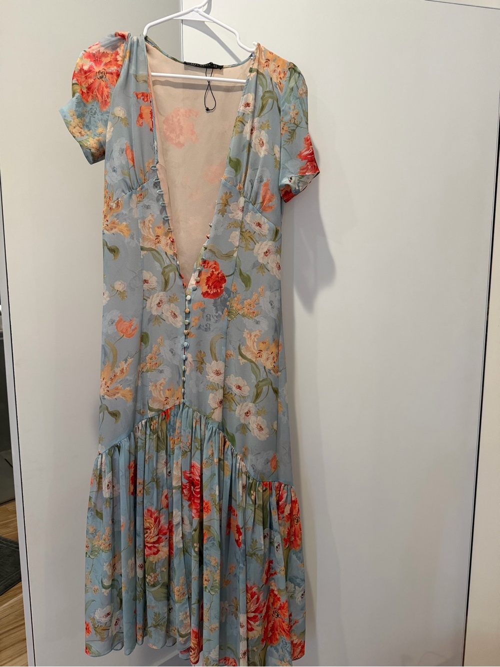 Zara Light Blue Floral V-Neck Midi Dress